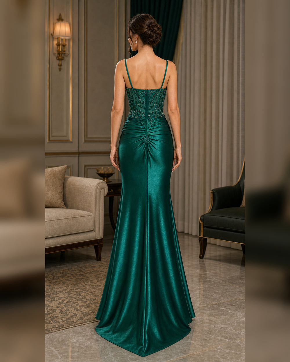 Emerald Lace Bustier Mermaid Formal Gown - Emerald - Scene 1 Back View