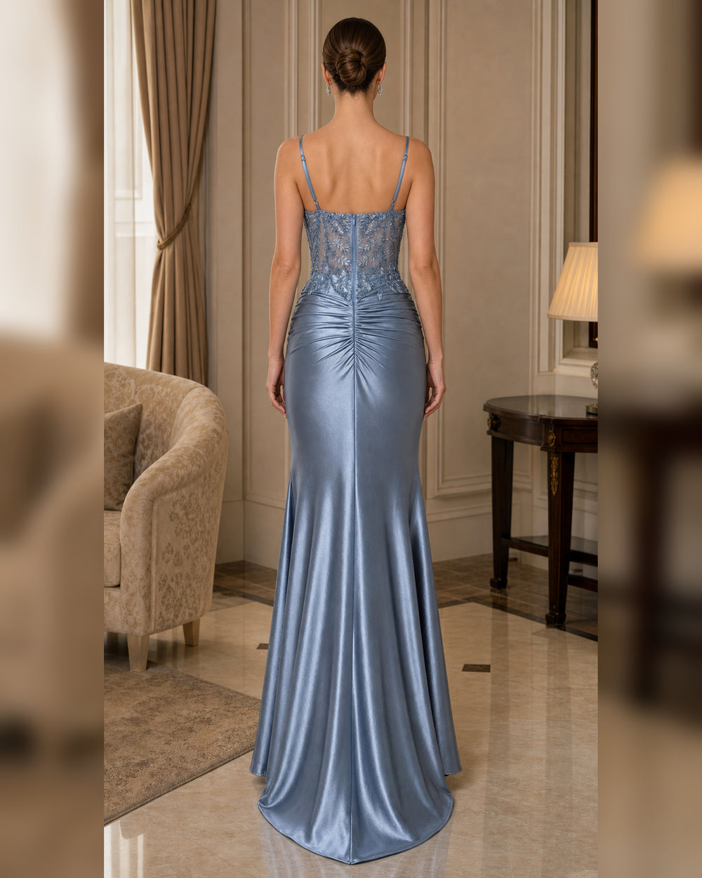 Ice Blue Lace Corset Ruched Mermaid Gown - Ice Blue - Scene 1 Back View
