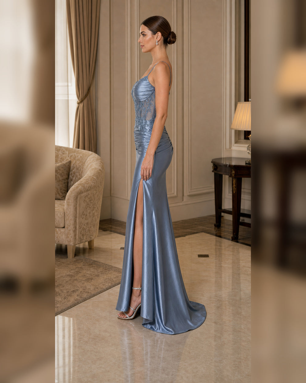 Ice Blue Lace Corset Ruched Mermaid Gown - Ice Blue - Scene 1 Side View