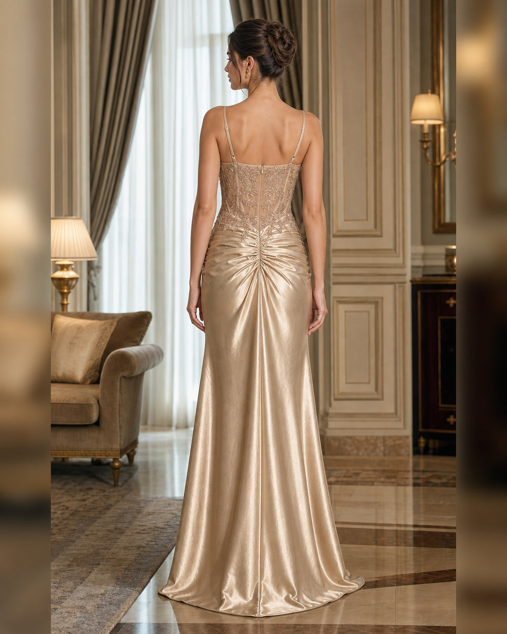 Champagne Lace Corset Satin Mermaid Gown - Champagne - Scene 1 Back View