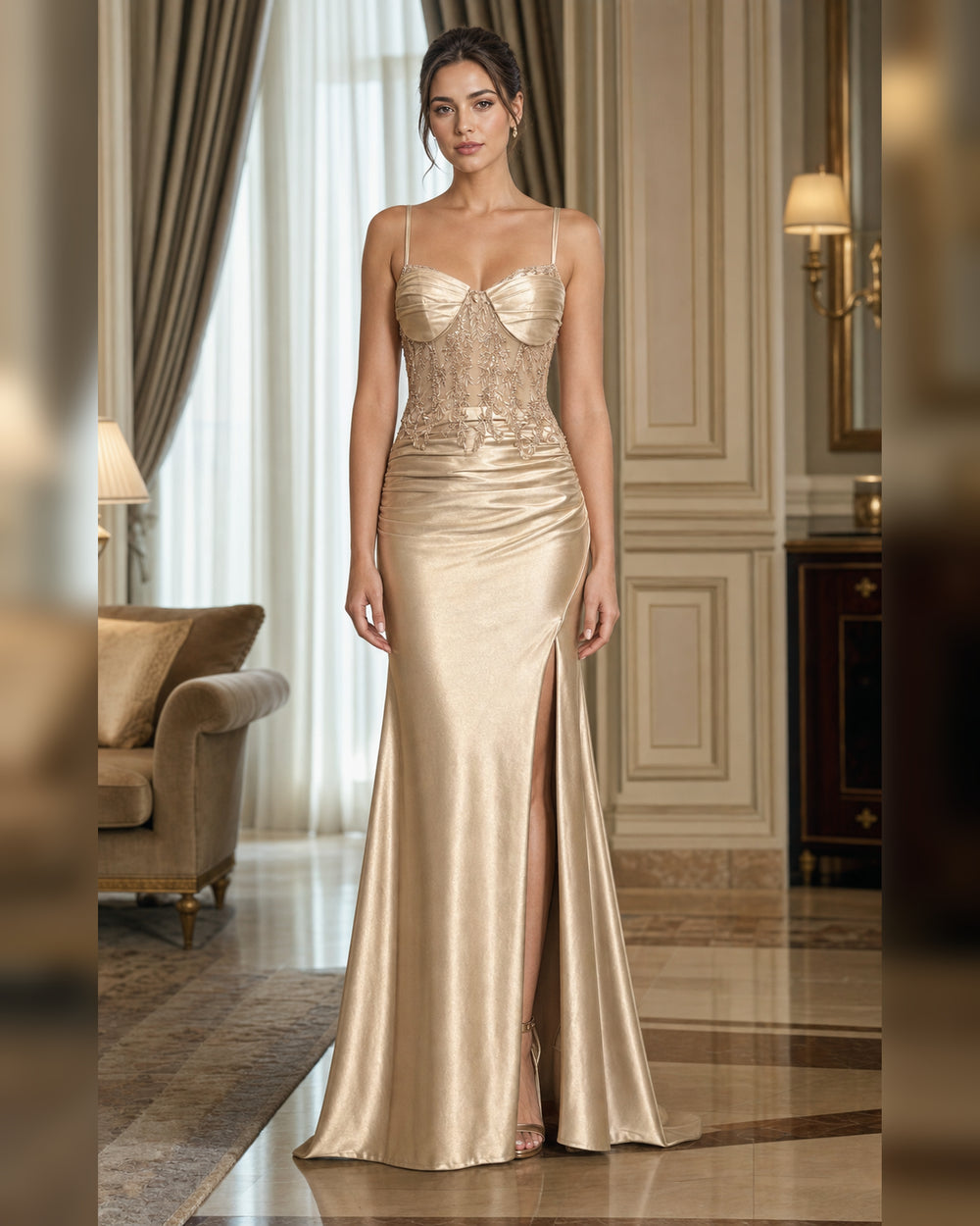 Champagne Lace Corset Satin Mermaid Gown - Champagne - Scene 1 Front View