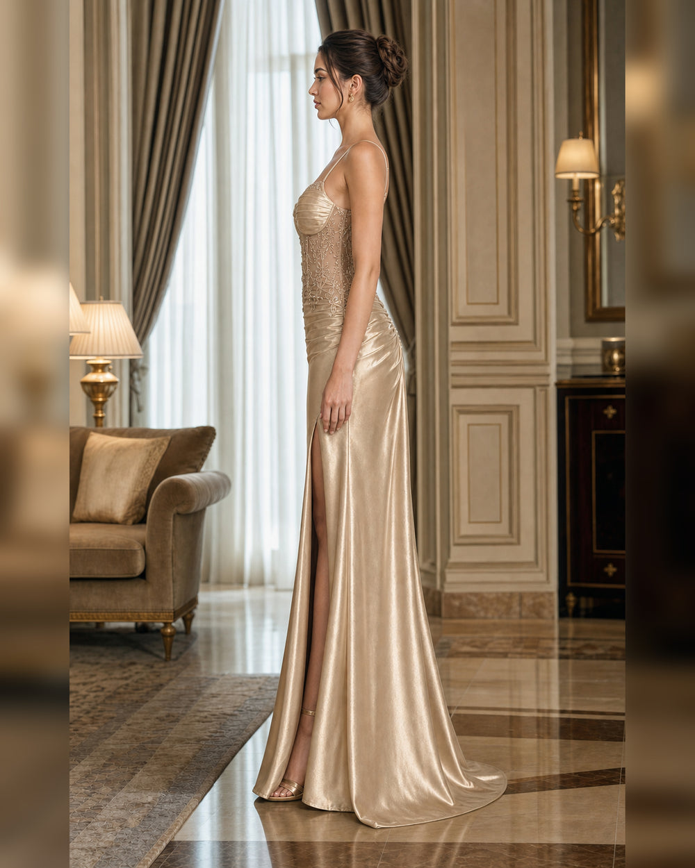 Champagne Lace Corset Satin Mermaid Gown - Champagne - Scene 1 Side View