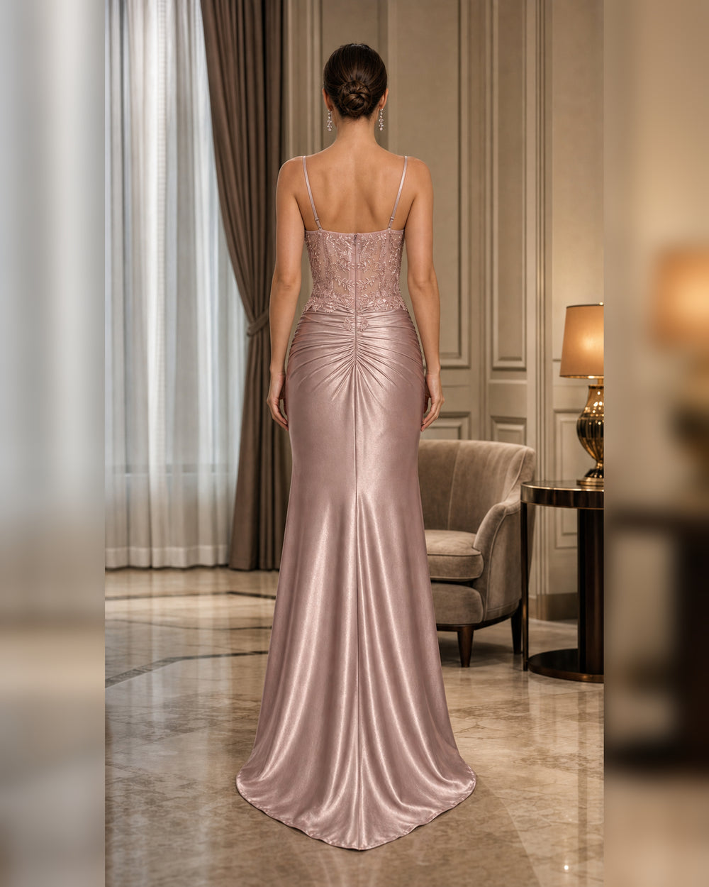 Blush Lace Corset Satin Mermaid Gown - Blush - Scene 1 Back View