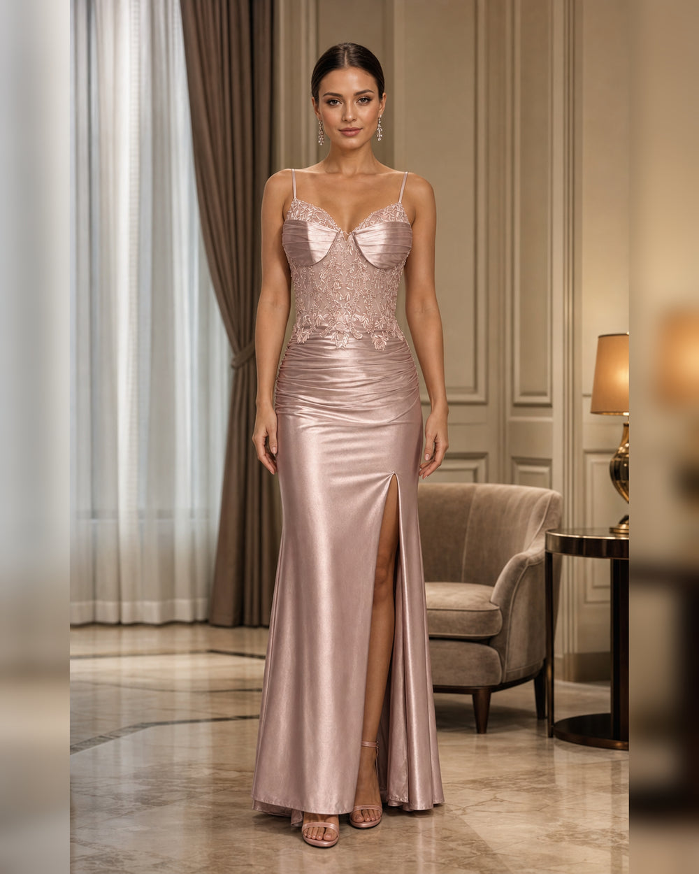 Blush Lace Corset Satin Mermaid Gown - Blush - Scene 1 Front View