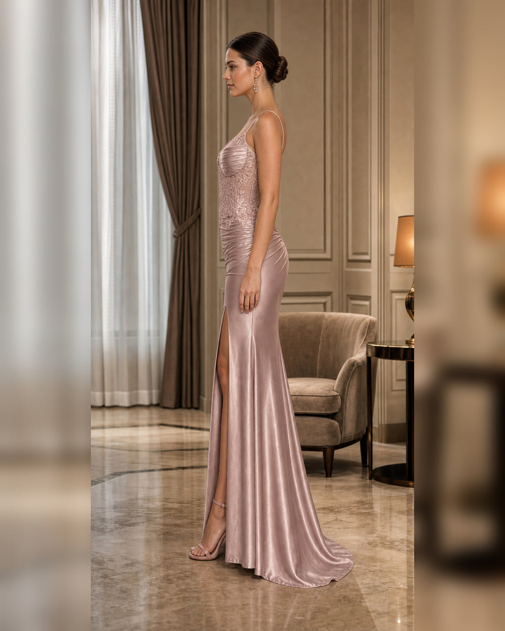 Blush Lace Corset Satin Mermaid Gown - Blush - Scene 1 Side View