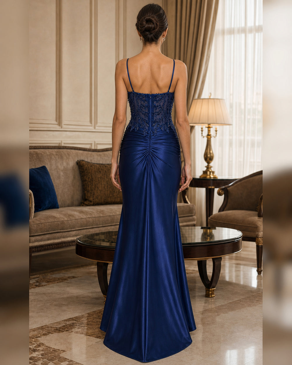 Navy Lace Waist Satin Mermaid Gown - Navy - Scene 1 Back View