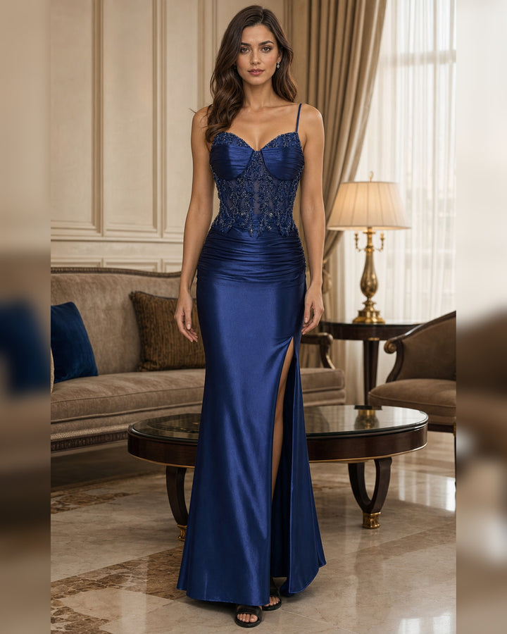 Navy Lace Waist Satin Mermaid Gown - Navy - Scene 1 Front View