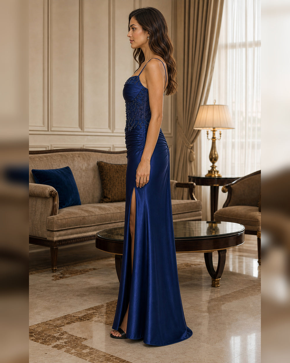 Navy Lace Waist Satin Mermaid Gown - Navy - Scene 1 Side View