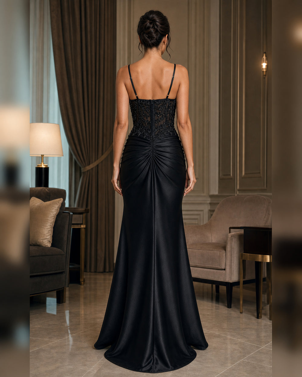 Black Lace Bustier Satin Slit Gown - Black - Scene 1 Back View