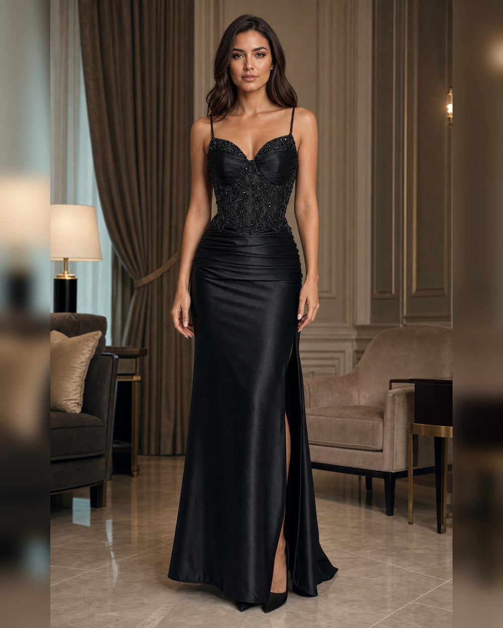Black Lace Bustier Satin Slit Gown - Black - Scene 1 Front View