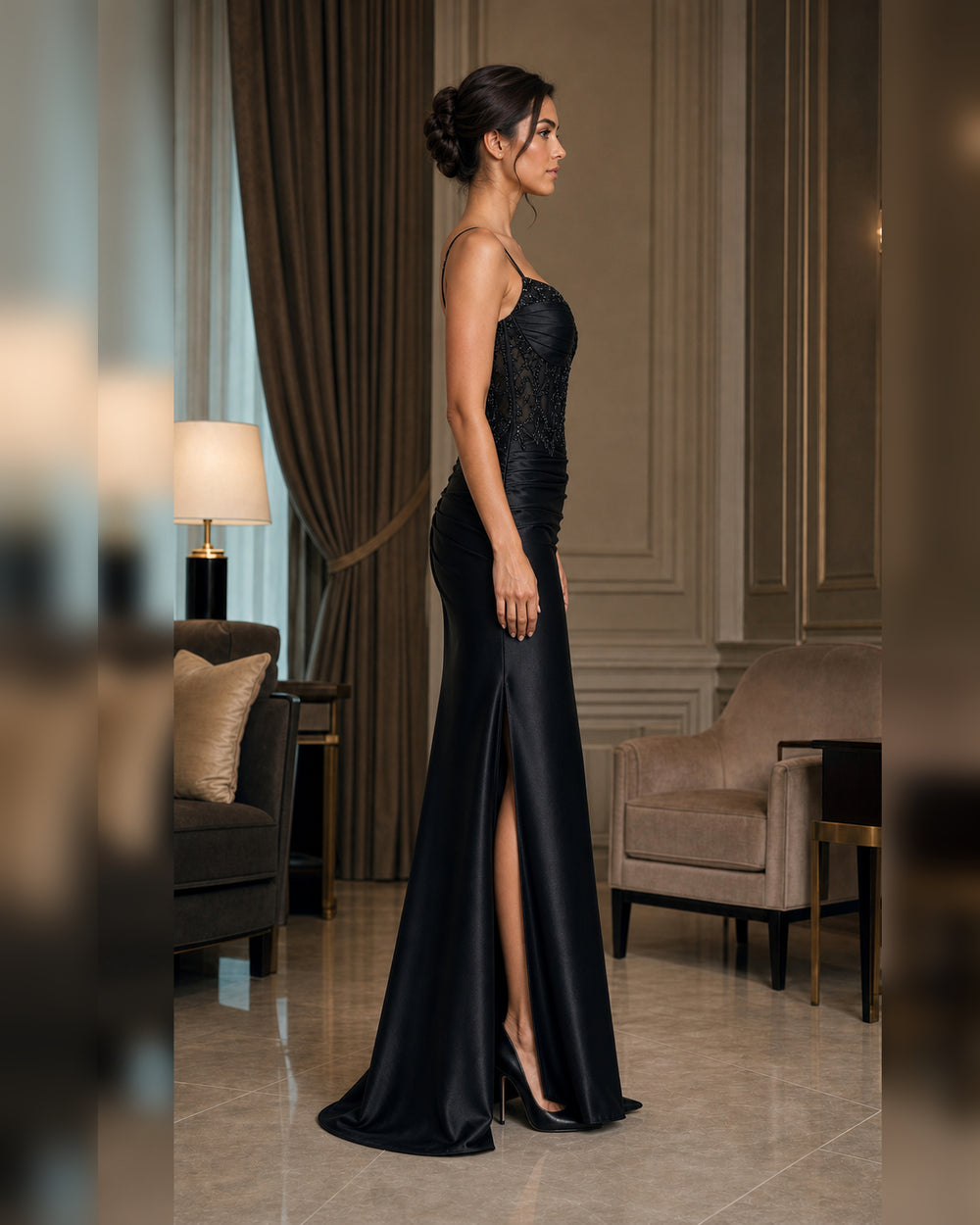 Black Lace Bustier Satin Slit Gown - Black - Scene 1 Side View