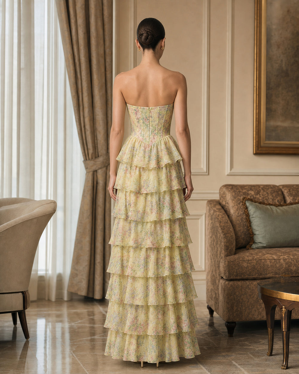 Pastel Floral Strapless Tiered Formal Gown - Pastel Floral - Scene 1 Back View