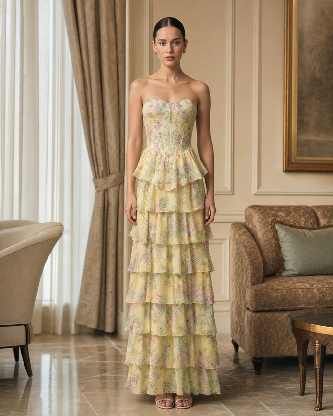 Pastel Floral Strapless Tiered Formal Gown - Pastel Floral - Scene 1 Front View
