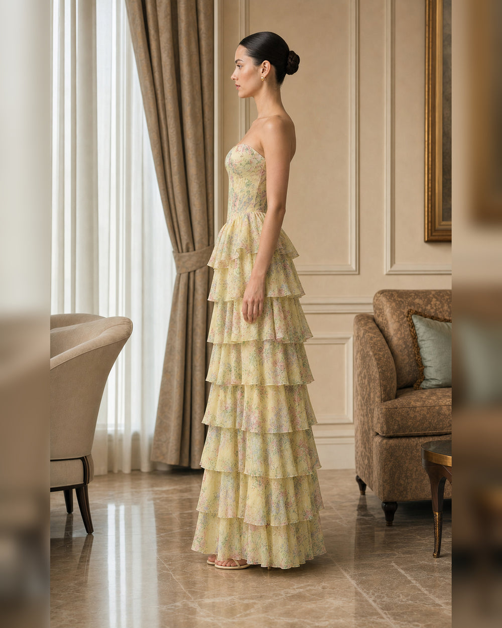 Pastel Floral Strapless Tiered Formal Gown - Pastel Floral - Scene 1 Side View