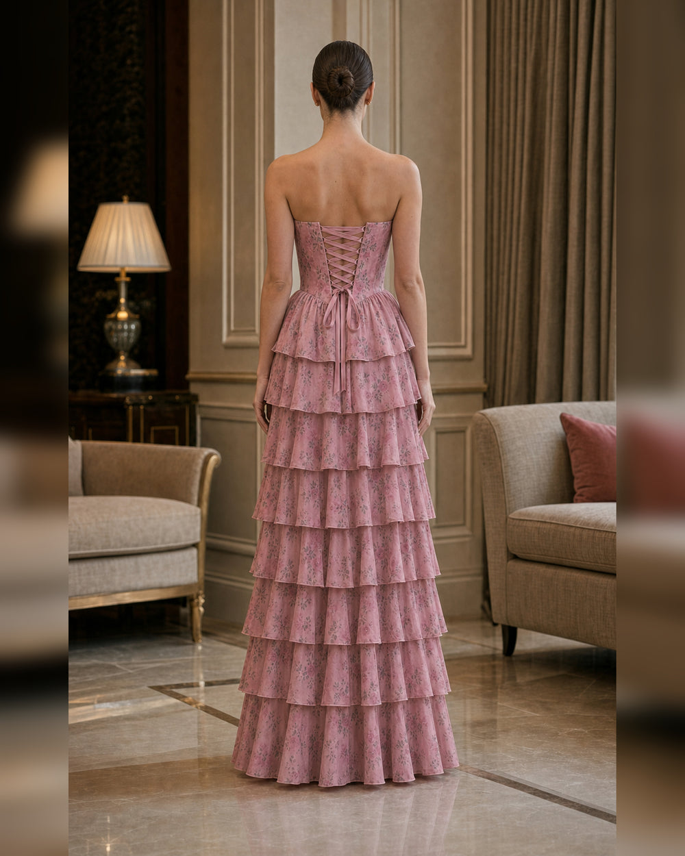 Dusty Pink Floral Tiered Formal Gown - Dusty Pink Floral - Scene 1 Back View