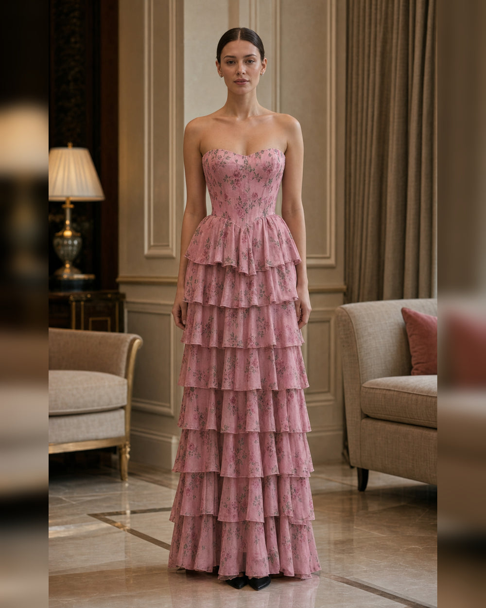 Dusty Pink Floral Tiered Formal Gown - Dusty Pink Floral - Scene 1 Front View
