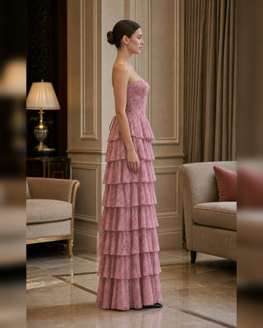 Dusty Pink Floral Tiered Formal Gown - Dusty Pink Floral - Scene 1 Side View