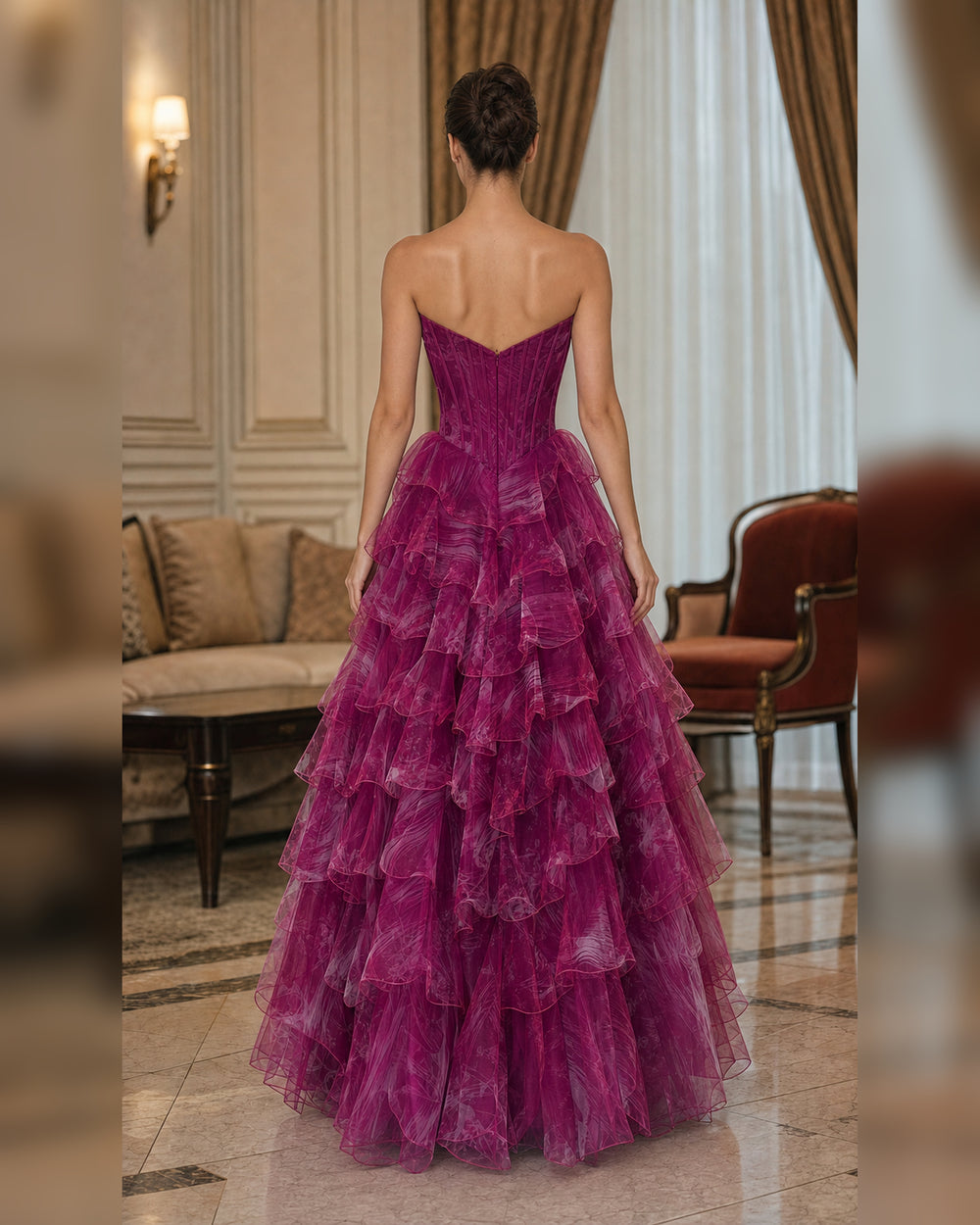 Berry Strapless Tiered Ruffle Ball Gown - Berry Ruffle - Scene 1 Back View