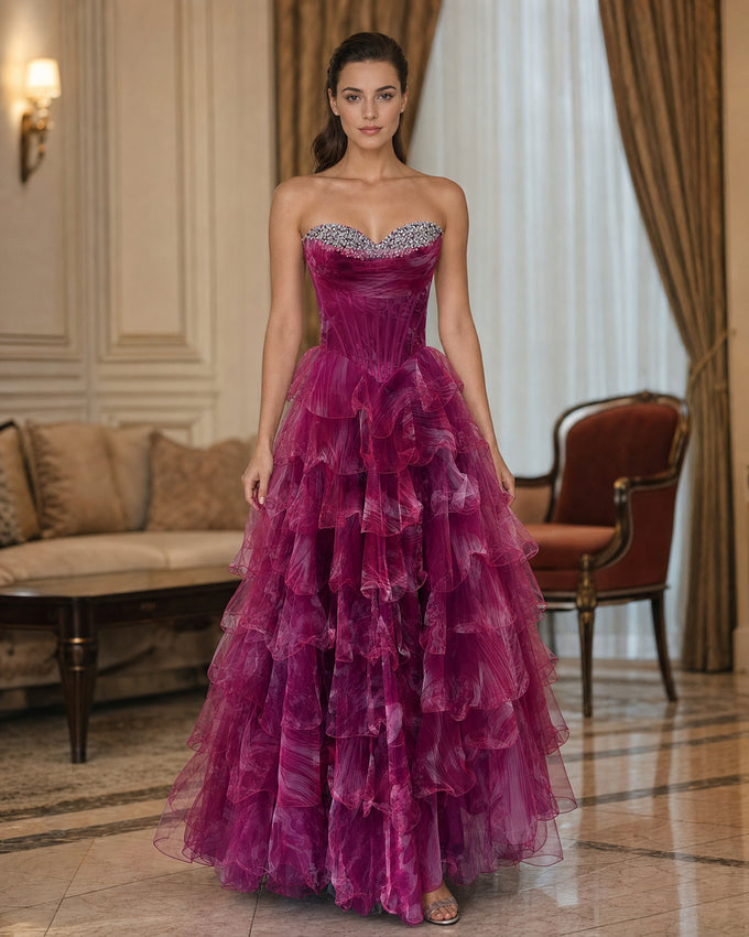 Berry Strapless Tiered Ruffle Ball Gown - Berry Ruffle - Scene 1 Front View