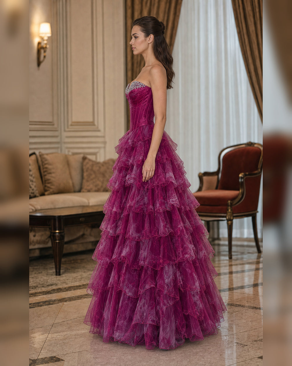 Berry Strapless Tiered Ruffle Ball Gown - Berry Ruffle - Scene 1 Side View
