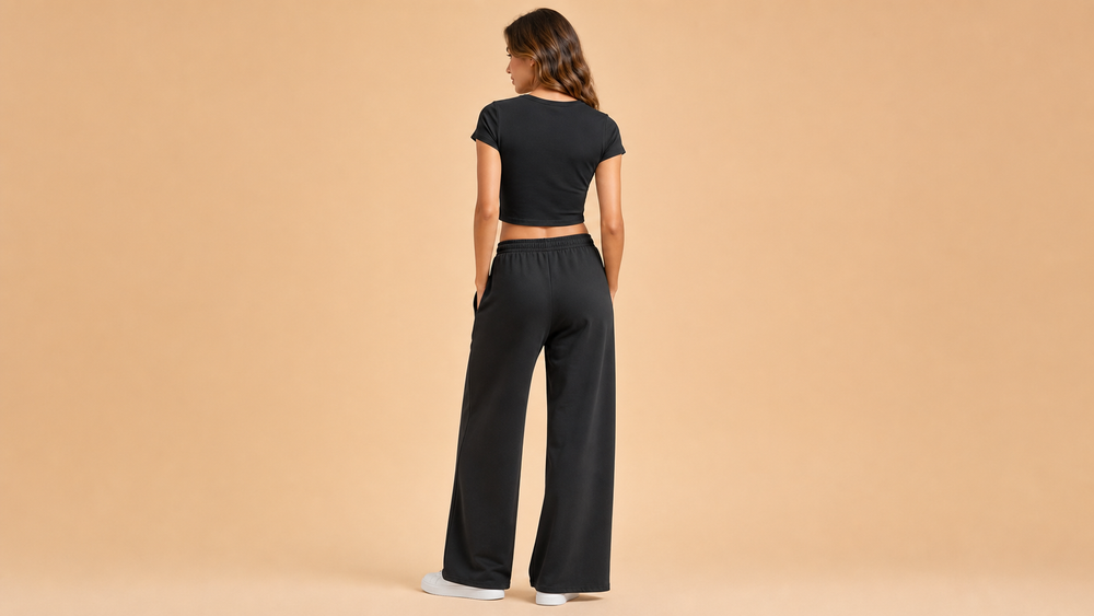 Black Short Sleeve Crop Top Wide Leg Pants Set Back View