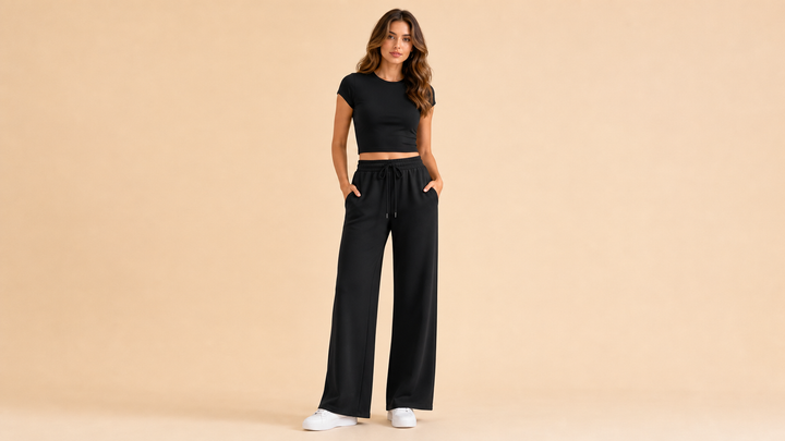 Black Short Sleeve Crop Top Wide Leg Pants Set Front View
