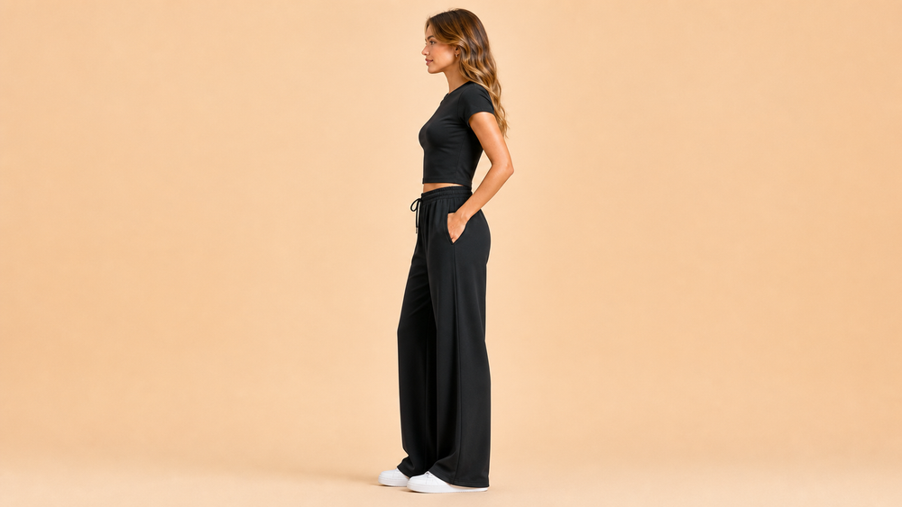 Black Short Sleeve Crop Top Wide Leg Pants Set Side View