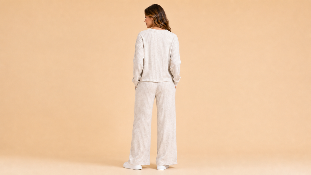 Cream Ribbed Henley Wide Leg Pants Set Back View