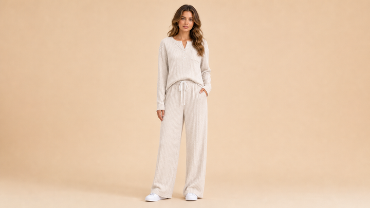 Cream Ribbed Henley Wide Leg Pants Set Front View