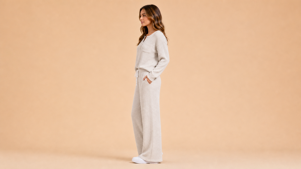 Cream Ribbed Henley Wide Leg Pants Set Side View