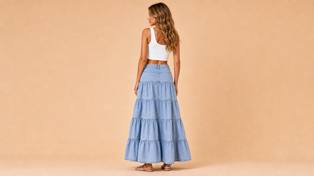 Light Blue Denim Tiered Ruffle Skirt Back View