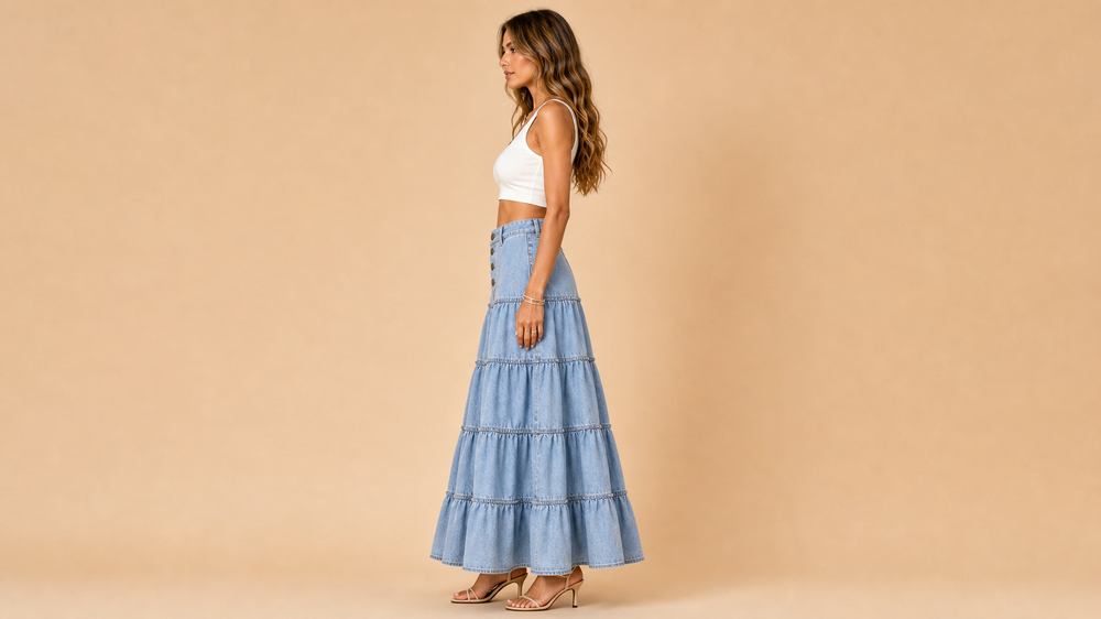 Light Blue Denim Tiered Ruffle Skirt Side View
