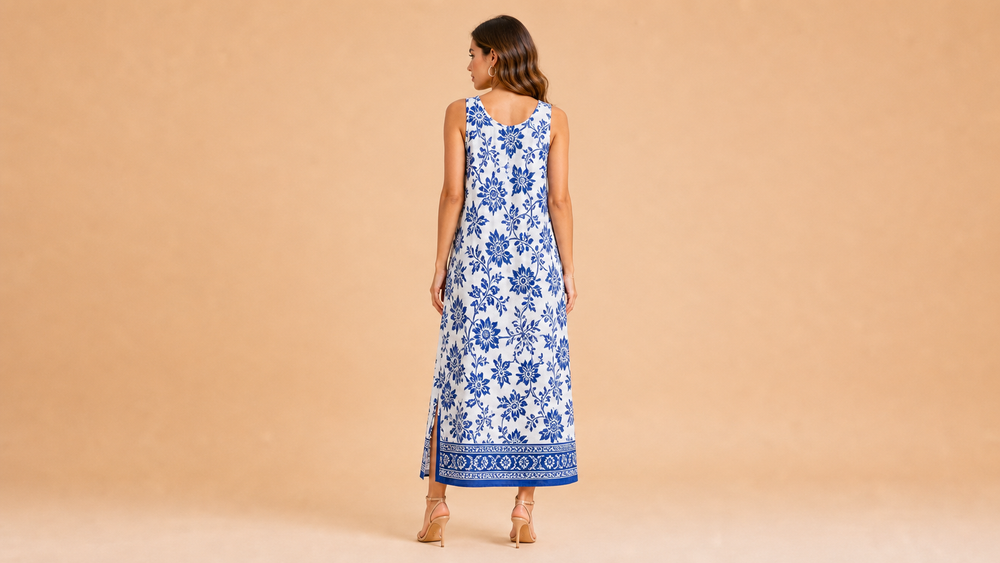 White Blue Floral Sleeveless Midi Dress Back View
