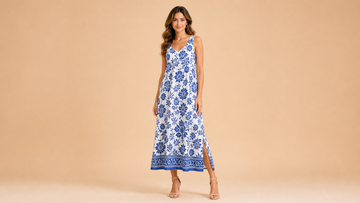 White Blue Floral Sleeveless Midi Dress Front View