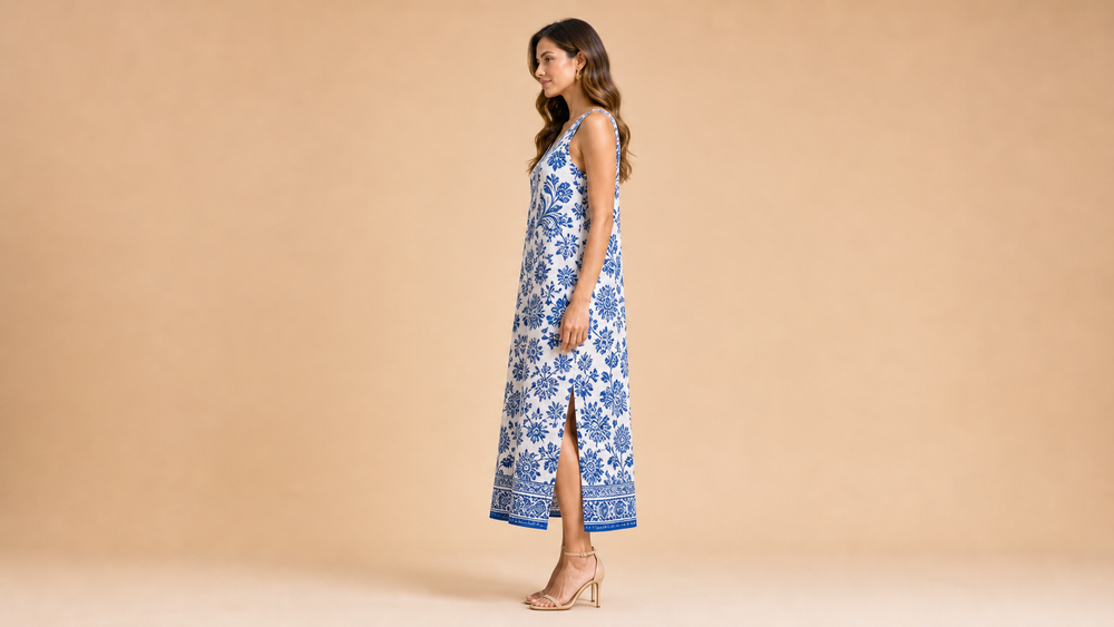 White Blue Floral Sleeveless Midi Dress Side View