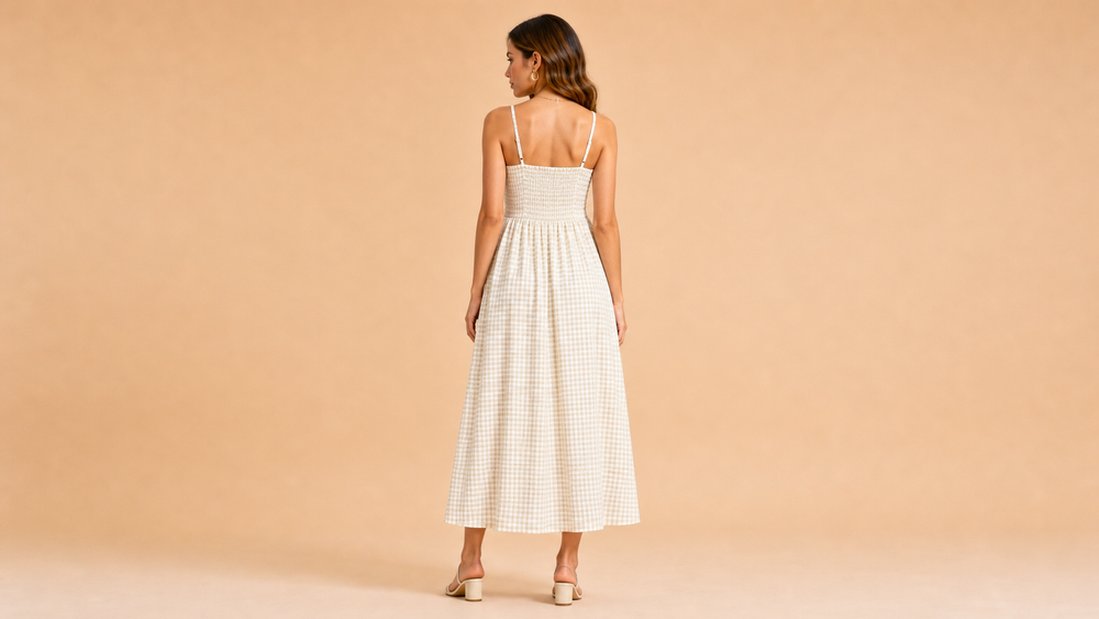 Cream Plaid Cami Ruched Midi Dress Back View