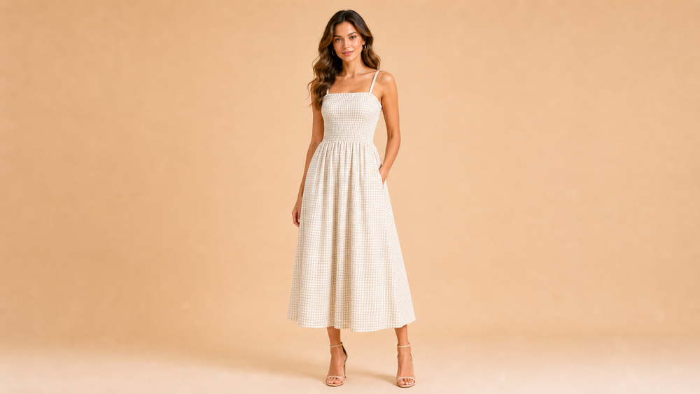 Cream Plaid Cami Ruched Midi Dress Front View
