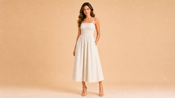 Cream Plaid Cami Ruched Midi Dress Front View
