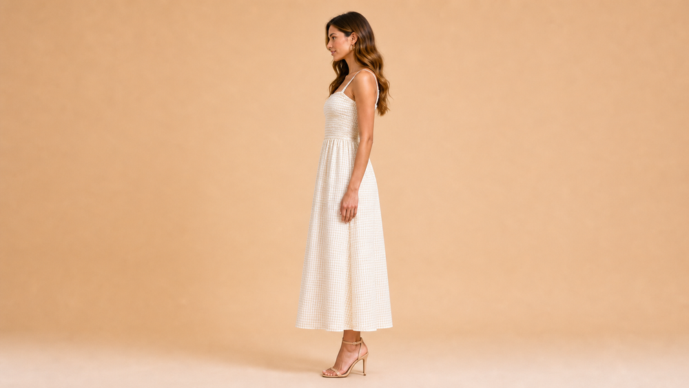 Cream Plaid Cami Ruched Midi Dress Side View