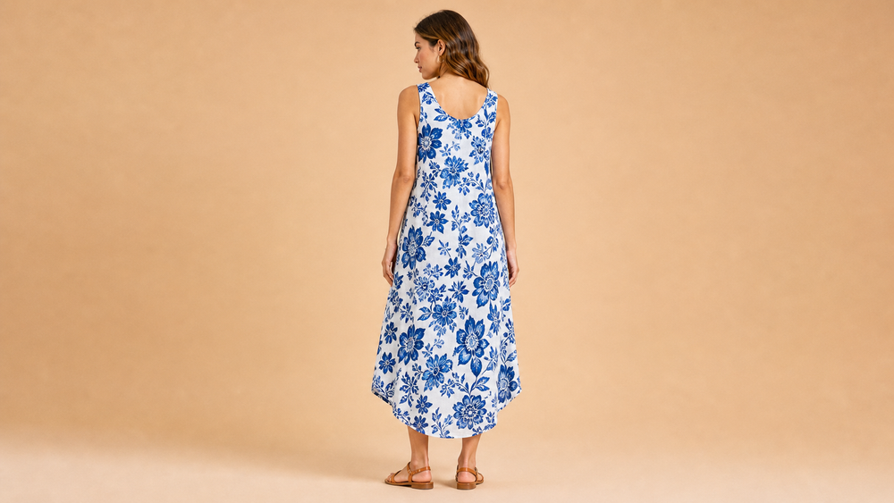 White Blue Floral Button Sleeveless Midi Dress Back View