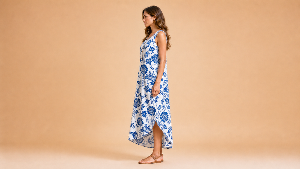 White Blue Floral Button Sleeveless Midi Dress Side View