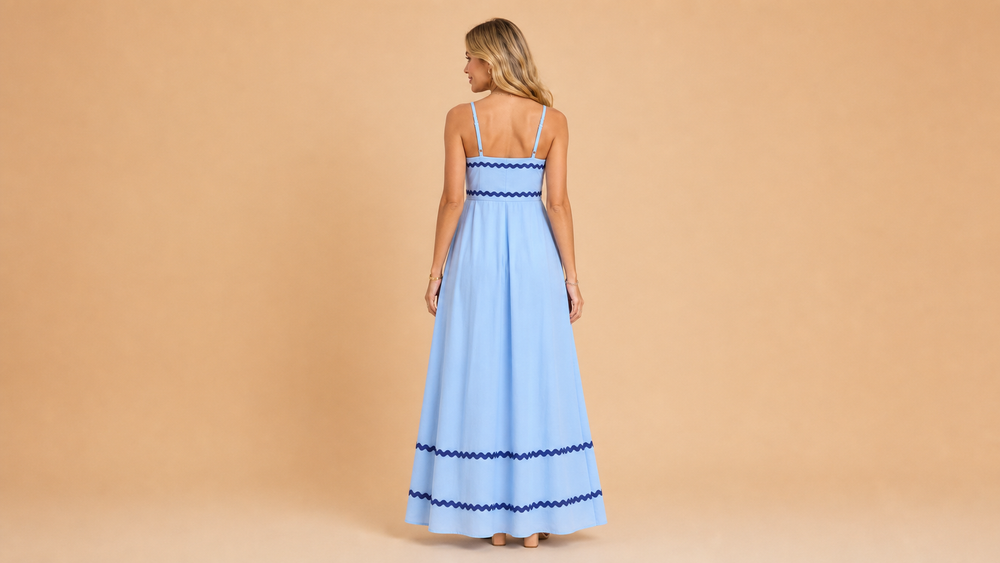 Light Blue Cami Wavy Edge Maxi Dress Back View