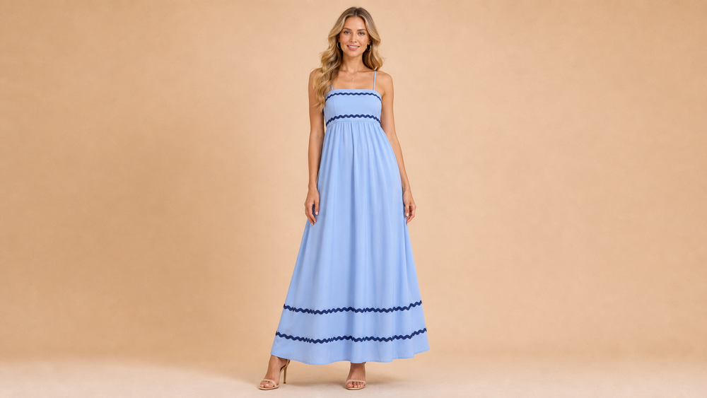 Light Blue Cami Wavy Edge Maxi Dress Front View