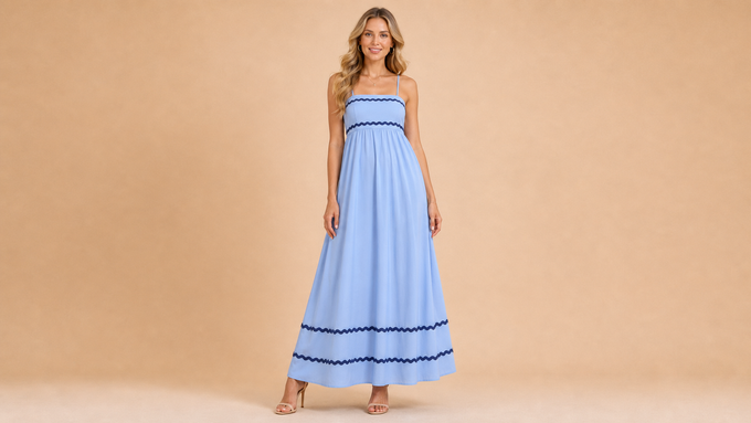 Light Blue Cami Wavy Edge Maxi Dress Front View