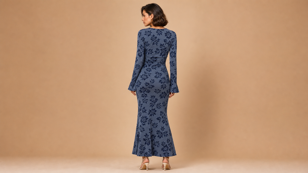 Blue Grey Long Sleeve Floral Fishtail Maxi Dress Back View