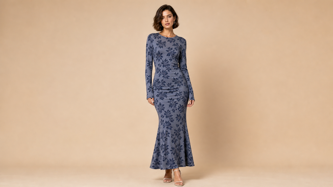 Blue Grey Long Sleeve Floral Fishtail Maxi Dress Front View