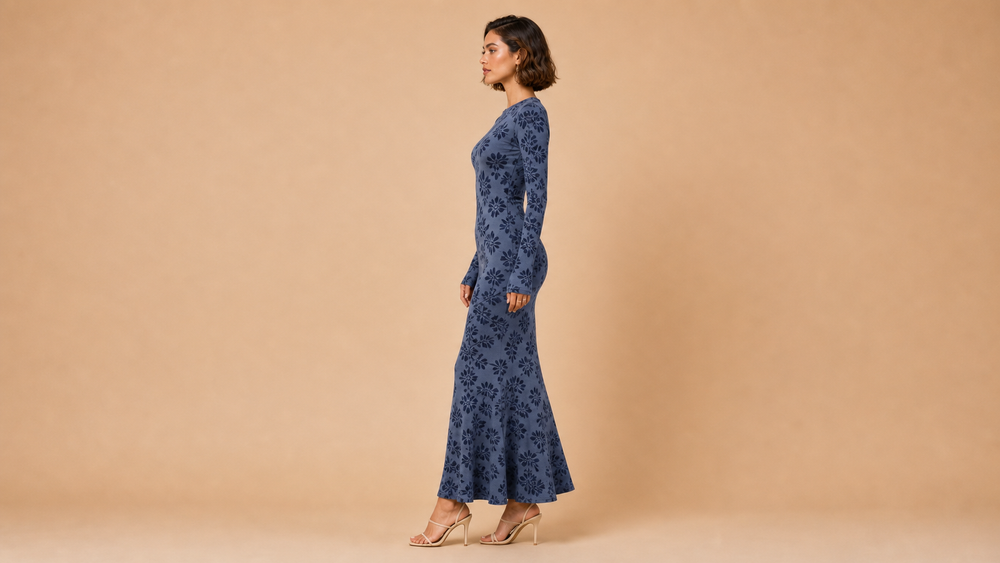 Blue Grey Long Sleeve Floral Fishtail Maxi Dress Side View