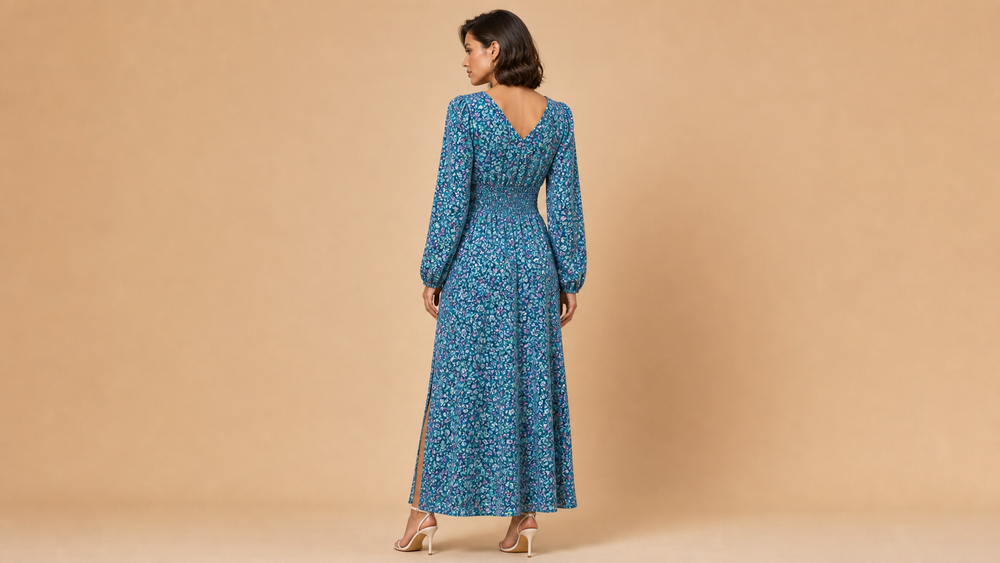 Teal Blue Long Sleeve Floral Slit Maxi Dress Back View