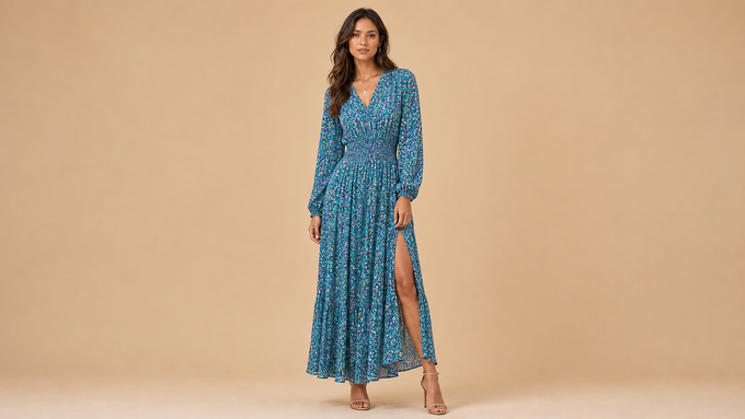 Teal Blue Long Sleeve Floral Slit Maxi Dress Front View