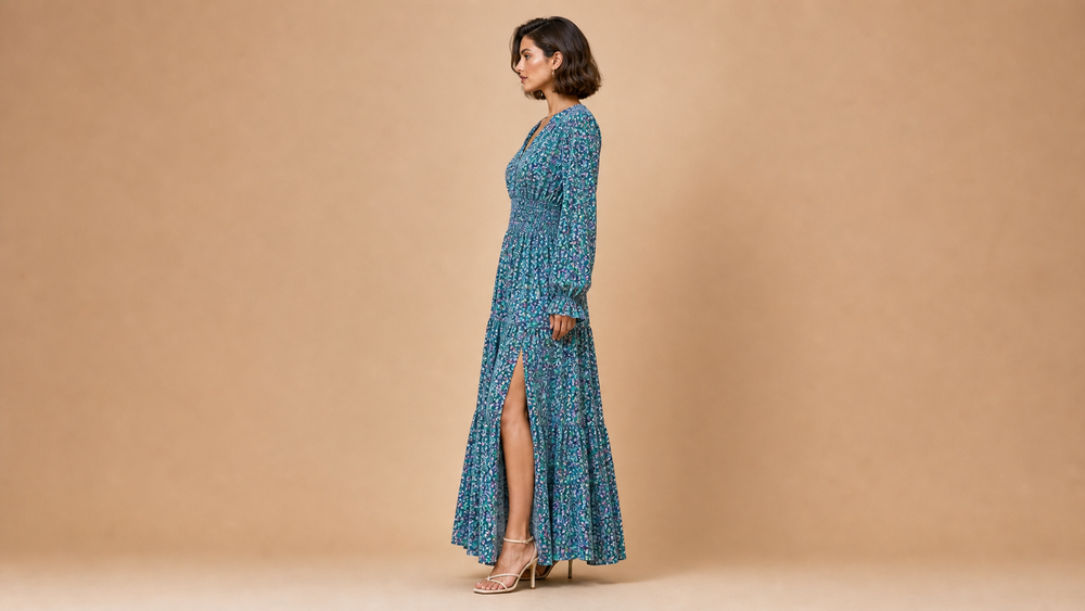 Teal Blue Long Sleeve Floral Slit Maxi Dress Side View